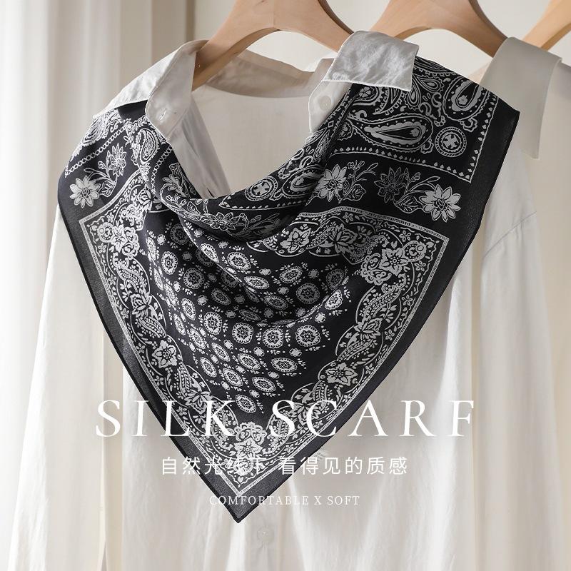 Silk scarf women's high-end neck thin black cashew flower small square scarf fashionable versatile scarf
