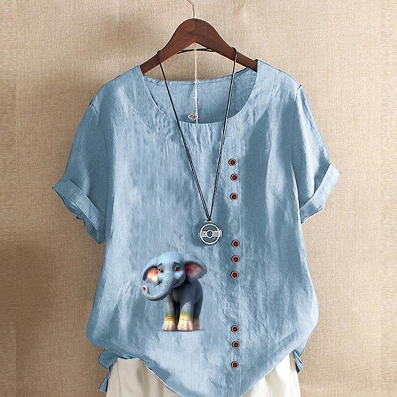 Women's New Fashion Linen Shirt Round Neck Short Sleeve Elephant Printed T-shirt Summer Ladies Casual Plus Size Blouse Tops