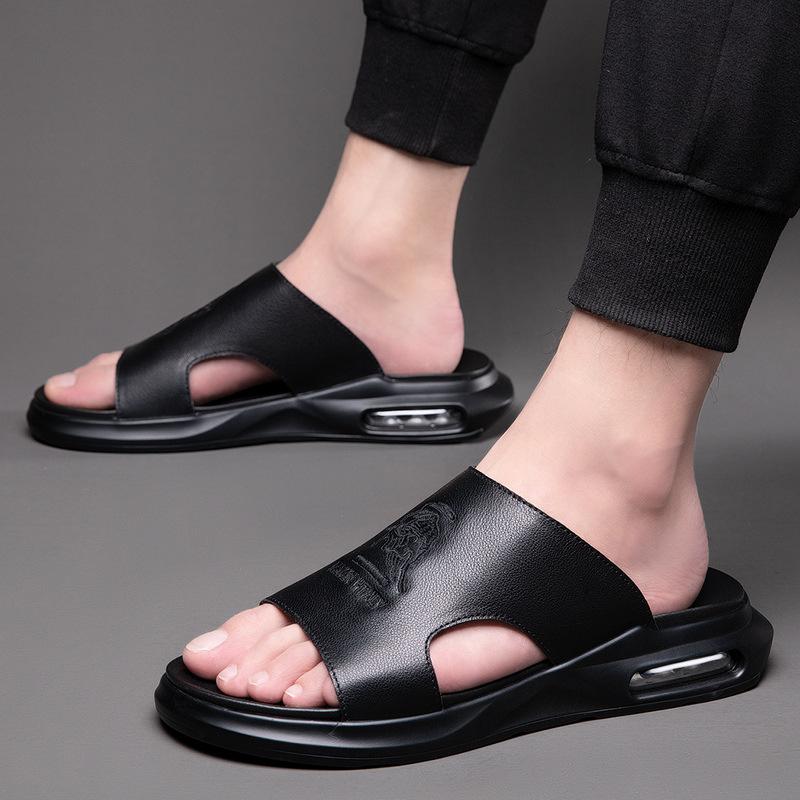 2025 Summer Shoes for Men Genuine Leather Slipper Embroider Casual Sandals Comfortable Slides Air Cushion Beach Shoes