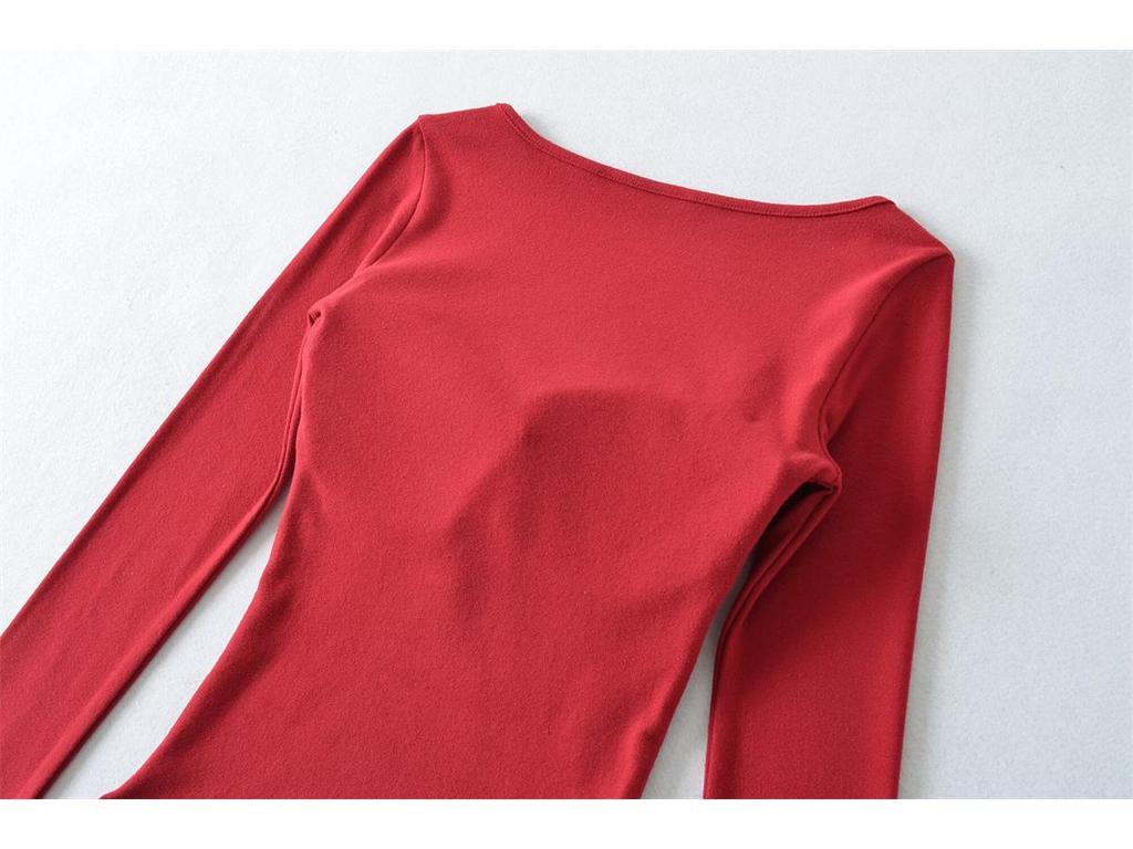 Korean Square Neck Slimming Long Sleeve T-Shirt with Chest Pads and Waist-Cinching Design for Women - Spring/Autumn