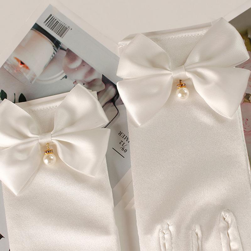 White Romantic Bridal Short Satin Gloves Girl Formal Tea Party Elegant Dress Pearl Wrist Bow Gloves Wedding Accessories