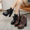 Новые темпераментные ботильоны Осень и Зима Новые с круглым носком Ремешки спереди Платформа Нескользящие Высокие каблуки