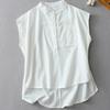 Драпированная футболка весна-лето винтаж свободный воротник стойка хлопковая льняная блузка шикарный топ без рукавов для женщин