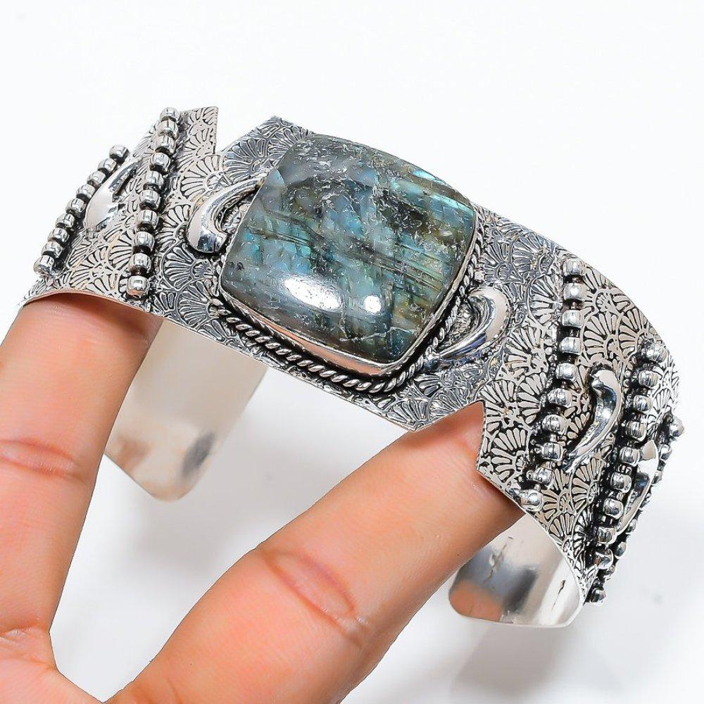 Labradorite Gemstone Handmade 925 Sterling Silver Cuff Bangle Adjustable m4Z03