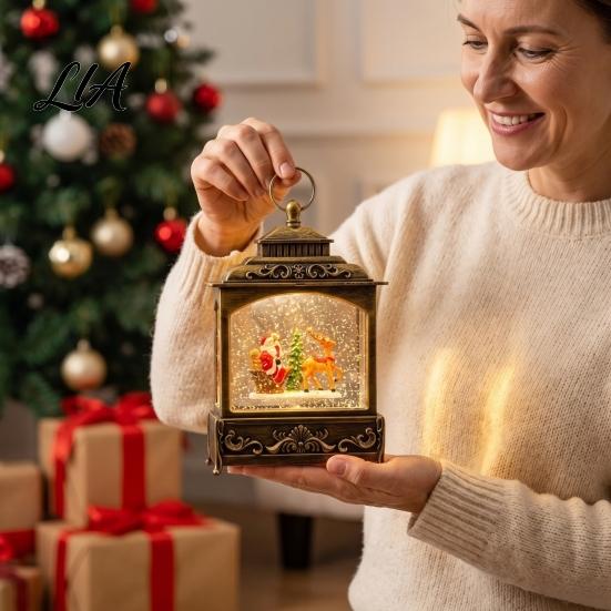 Desktop Music Box Light Christmas Snow Ball Lantern, Vintage Santa Claus/Tree/Reindeer Water Swirling Lantern Holiday Night for Window Entryway