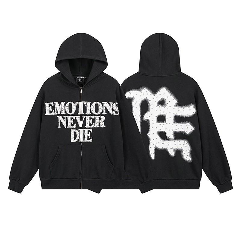 Oversized Hooded Zip-Up Sweatshirt With Letter Print Rhinestone Embellishment Cotton Blend Unisex Streetwear Set