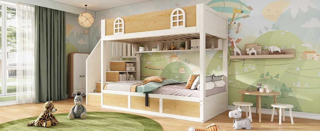 Children's bunk bed 90x200 cm with stair cabinet, white and natural, with safety rail and slatted frame, bed for two children, without mattress