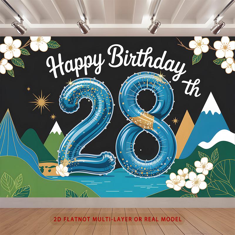 Party Backdrop Happy Birthday Birthday Floral Blue 28Th Photo Booth Background Front Door Decor