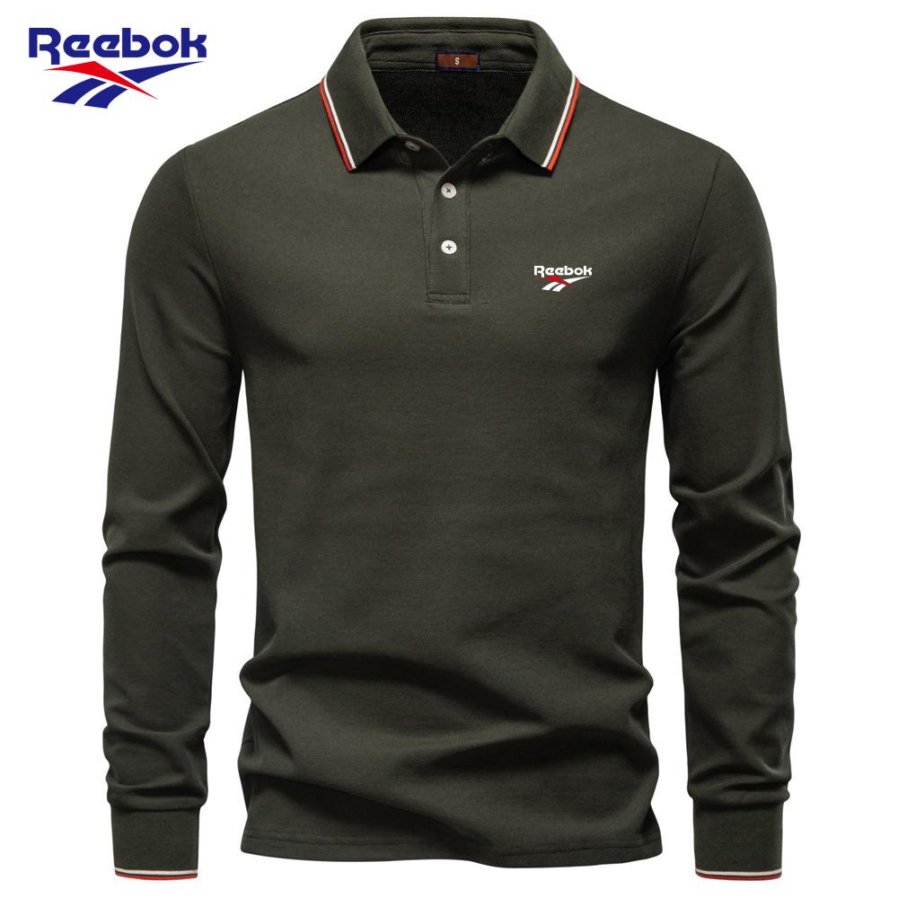 Reebok Новая мужская рубашка-поло с длинным рукавом и вышивкой, Осень 2026, Однотонный мужской топ с воротником, Универсальная рубашка-поло для мужчин