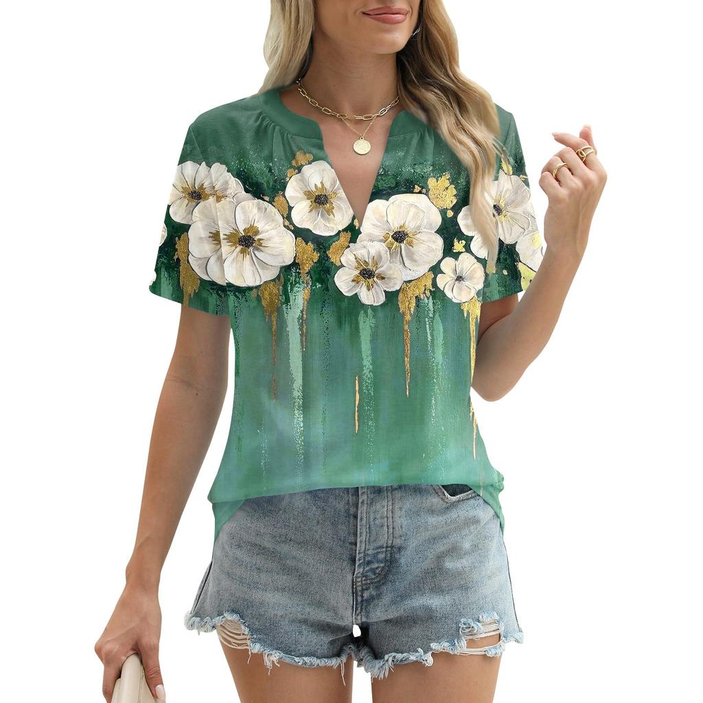 Womens Summer Tops Short Sleeve V Neck Shirts Loose Casual T-Shirts