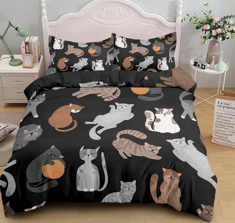 Мультяшный Милый Кот Пуховое Одеяло Пододеяльник 3-х Предметный Комплект Односторонней Печатью Постельное Белье Удобный Пододеяльник С 2 Наволочками