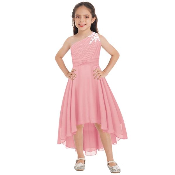 Kids Girls Ruched Shiny Beaded One Shoulder Dress High Waist High-low Hem Party Dress for Evening Proms