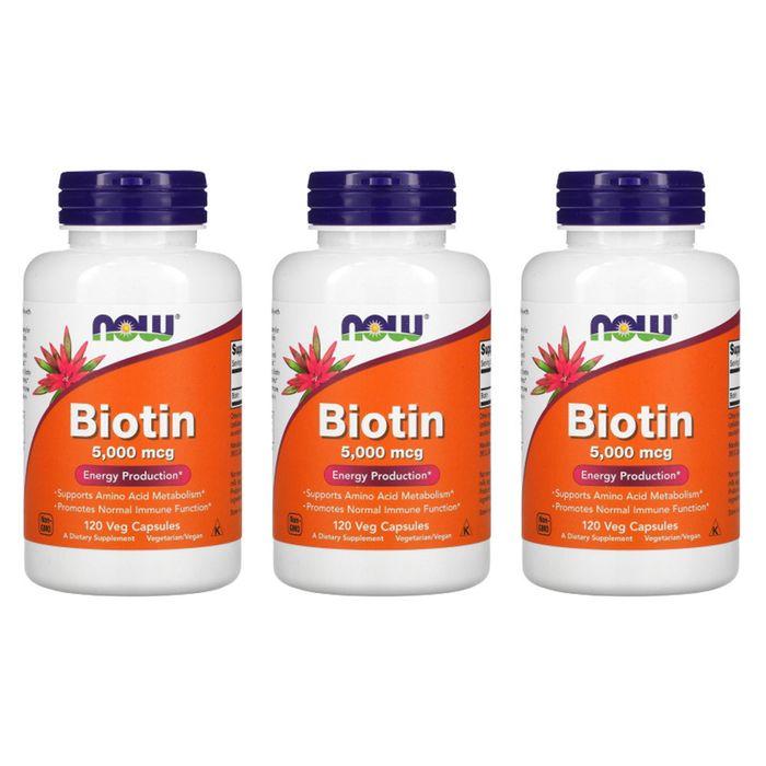 NOW Foods Biotin 5000mcg Veggie Capsules, 120 Count - 3 Pack