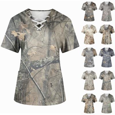 Плюс размерСкраб с принтом Рабочая форма Топы для женщин Крест V-образным вырезом Хэллоуин Принт с короткими рукавами Забавные футболки Спецодежда Футболка с карманами