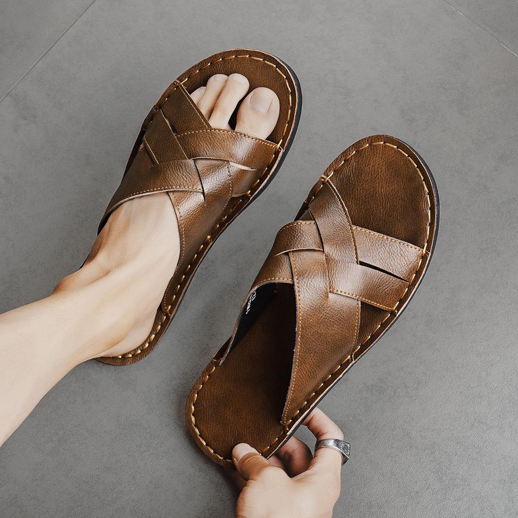 Summer Men High Quality Comfortable Non Slip Leather Slippers Casual Simple Open Toe Mules Sandals for Outdoor Walking Beach Home Daily Use