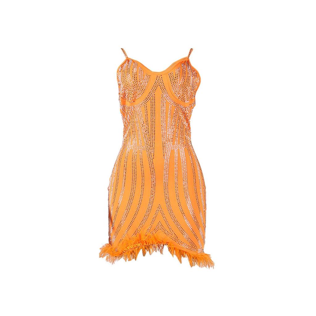 CQK2601 Европейско-американское сексуальное платье из перьев со стразами