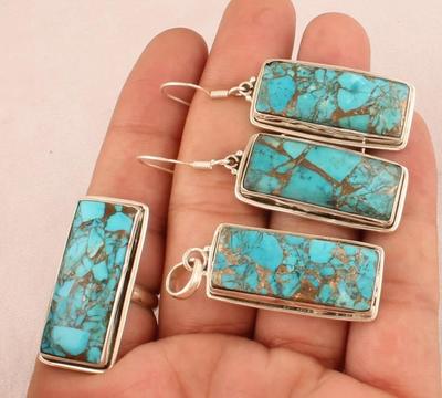 Комплект украшений с синими медными бирюзовыми камнями, красивый подарок, ювелирные изделия ручной работы, подарок на годовщину, дизайнерские украшения, серьги, кольцо, подвесные украшения