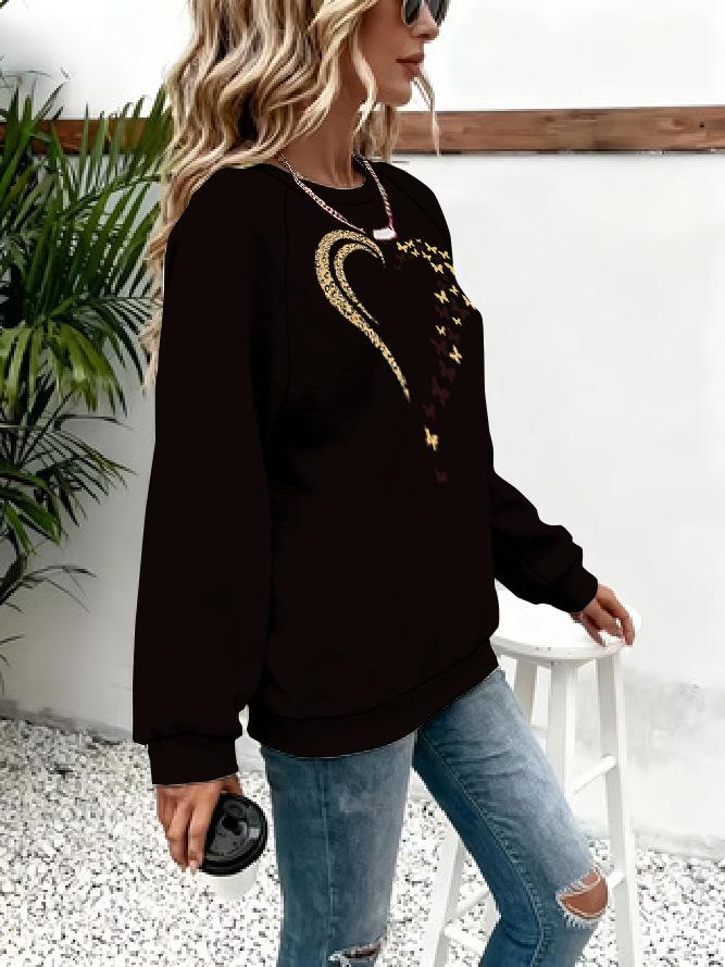 Женская толстовка с принтом «Сердце и Бабочка» - Многоцветная, с круглым вырезом, с длинным рукавом, повседневный универсальный топ.