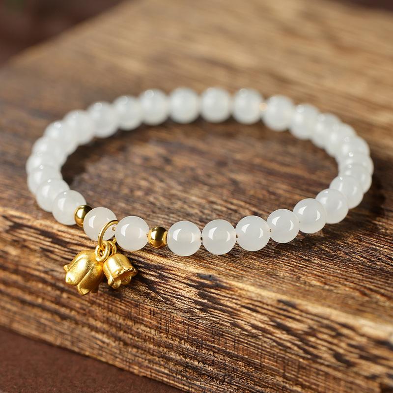 Natural Hetian Jade Bracelet for Women, Sheep Fat Jade with Golden Lily of the Valley Beads, Small Beads, Light Luxury, Niche and Exquisite