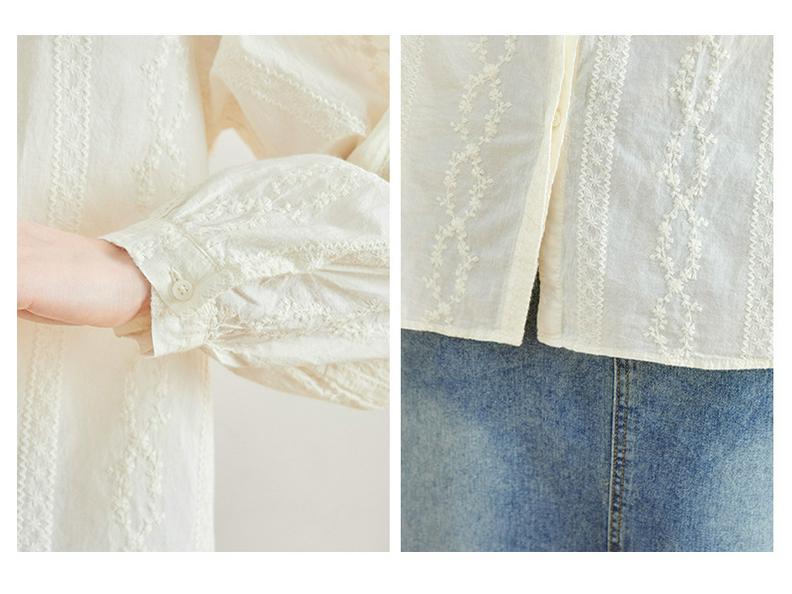 Women's Apricot Embroidered Long-Sleeve Cotton Shirt