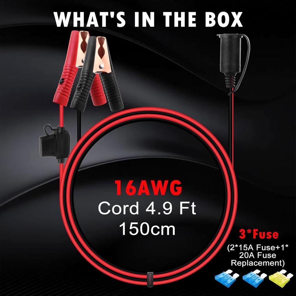 CUZEC 12В/ 24В удлинитель с розеткой и зажимами для аккумулятора 4,9 фута / 1,5 м 16 AWG, зажим-крокодил на аккумулятор и адаптер прикуривателя