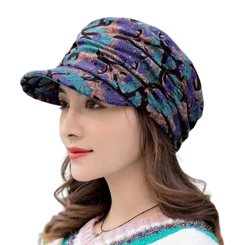 Women Keep Warm Turban Visor Hat Floral Print Windproof Cap Wide-Brimmed Cap Winter Warm Fashion