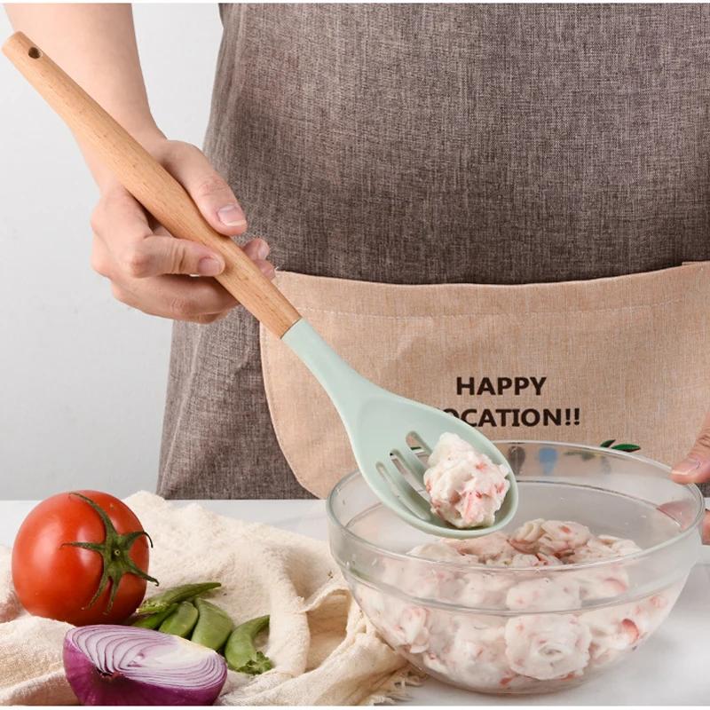 12 шт. Силиконовые кухонные принадлежности с ведром для хранения Высокотемпературные Деревянная ручка Устойчивые и Неприлипающие Лопатка Ложка для кастрюли