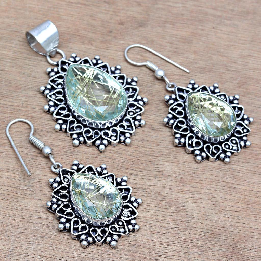 Рутиловый золотой комплект сережек 18-20'' подвеска кварц стерлингового серебра