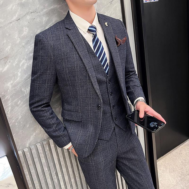 Британские корейские мужчины в клетку (костюм + Жилет + Брюки) Стильный и красивый деловой повседневный костюм-тройка