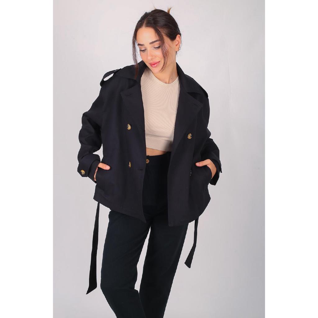 Women's Black Belted Short Trench Coat