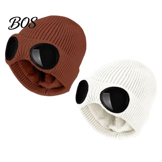 Snow Proof Outdoor Cycling Hat 2Pcs Fleece Lined Hats with Goggles, Warm Winter Knit Stretchy Brimless Eye Protection Hats, Windproof Skiing Caps for