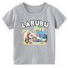 2025 Популярная детская одежда Футболка с принтом нескольких LABUBU в мультяшном стиле, с круглым вырезом, с короткими рукавами, милый и универсальный топ для девочки