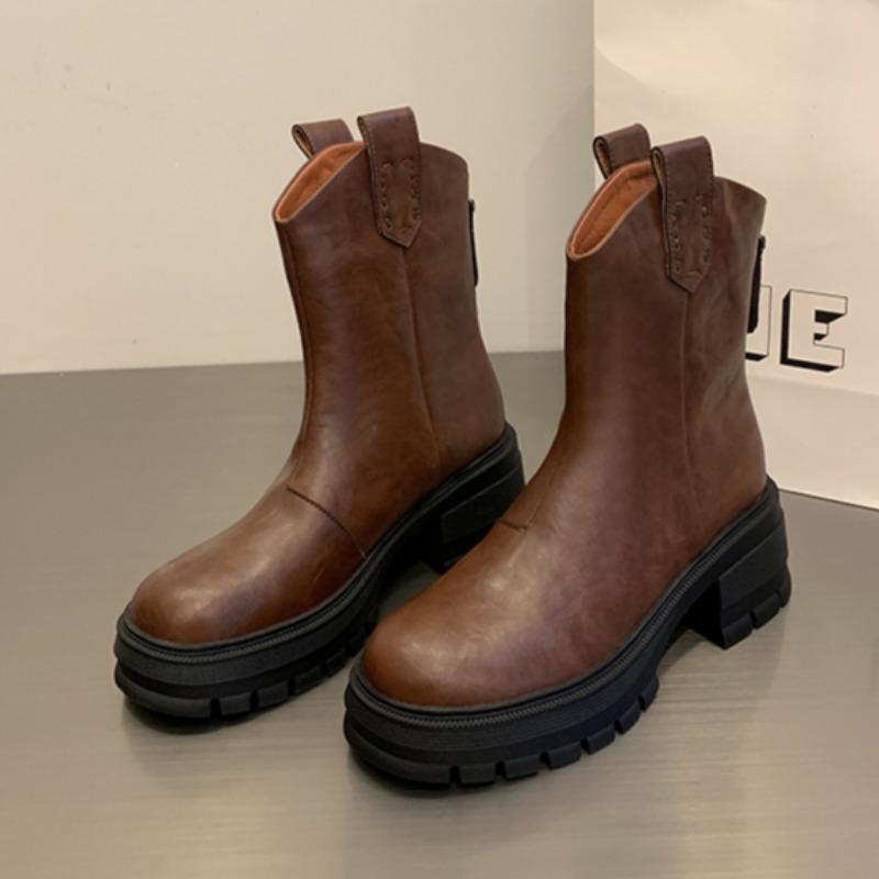 2024 Новые зимние модные женские однотонные сапоги на толстой подошве длиной до щиколотки с застежкой-молнией сзади на высоком каблуке длиной до середины икры