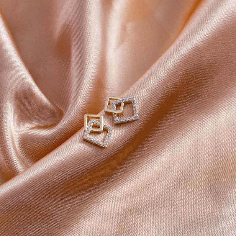 Banyan Tree S925 Silver Geometric Square Zircon Earrings for Women – Simple, Small, and Versatile.