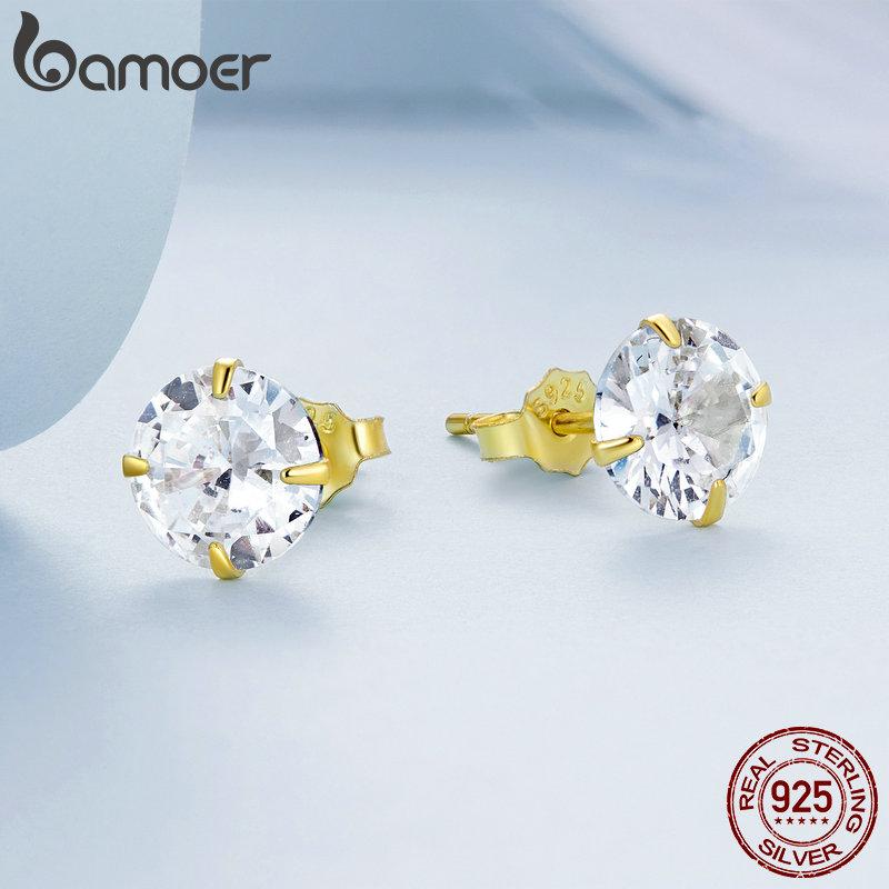 BAMOER CZ Stud Earrings 925 Sterling Silver Platinum Plated Round Cubic Zirconia Hypoallergenic Earrings 4mm 5mm 6mm 7mm