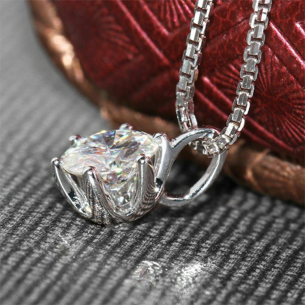 Six Prong Single Big Round Faceted Stone Pendant Women Box Link Chain Clavicle Necklace