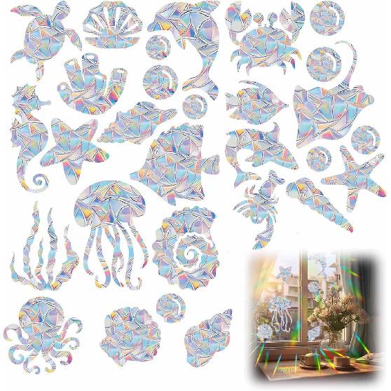 21pcs Star Moon Cat Sun Catcher Window Clings for Glass Windows, Anti-Collision Stickers Decals Prevent Bird Strikes,Rainbow Prismatic Window Clings
