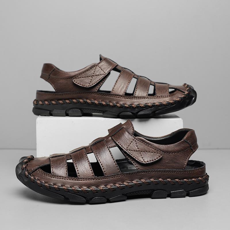 Модные повседневные кожаные мужские сандалии, дышащие мужские летние туфли на плоской подошве, модная пляжная обувь, удобные открытые мокасины, мужские сандалии Magic Glue