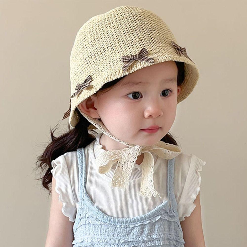 Beach Lace Straw Hat Bow Children Panama Caps Korean Baby Straw Hat  for Kids