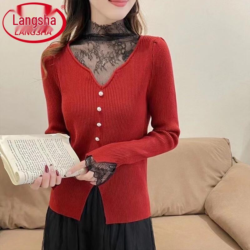 Langsha Women's V-Neck Lace Trim Pullover Sweater