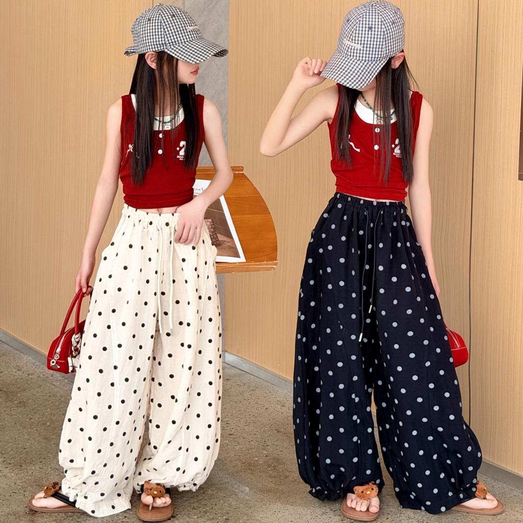 Girls' Polka-dot Wide-leg Pants, Loose Casual Pants, Medium And Large Children's Korean Style Anti-mosquito Pants