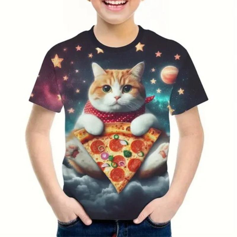 Children's Cartoon Kitten Print Cute Tie Dye Multi-color T-shirts Girls Fashionable Soft Comfortable T-shirt