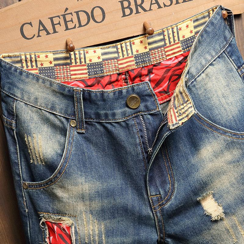 Летние винтажные потертые мужские джинсовые шорты, повседневная модная уличная одежда, рваные заплатки с дырками, потертые мужские прямые джинсы