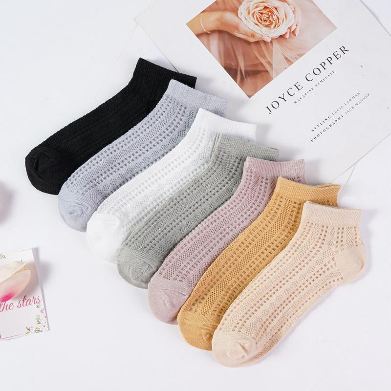 5 пар летних тонких сетчатых коротких носков для женщин, милые однотонные носки до щиколотки для девочек, повседневные, хлопковые, с полым узором, дышащие