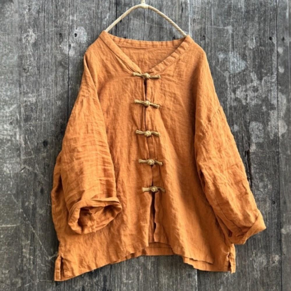 Johnature Женские винтажные рубашки однотонные стойка длинный рукав блузки осень пуговица свободный китайский стиль топ