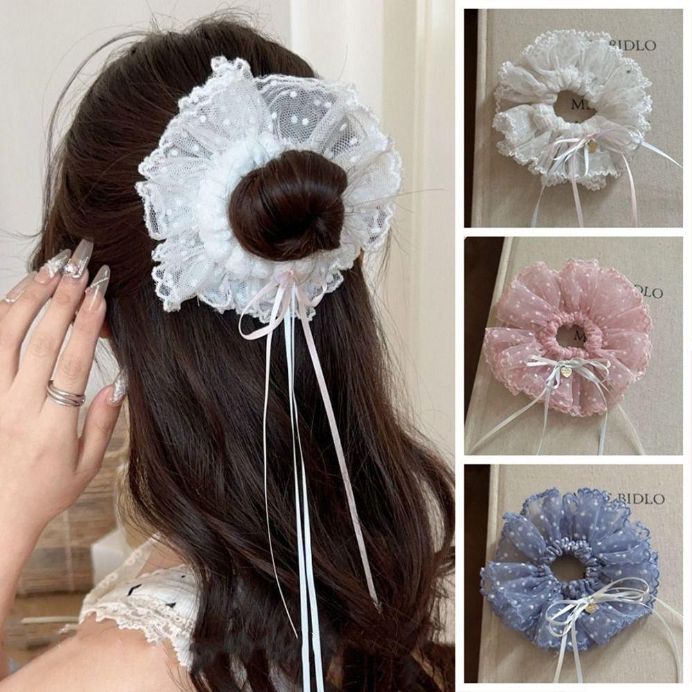 Bow Pleated Scrunchies Ribbon Oversized Hair Ropes Ins Polka Dot Scrunchies  Ponytail Holder