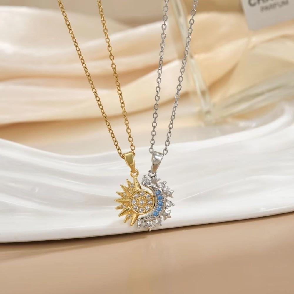 Zircon Rhinestone Sun Moon Necklace 2Pcs Set Couple Necklace Set for Gift Giving