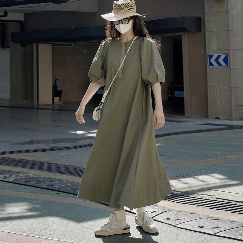 Johnature Летние корейские платья в стиле ленивого отпуска с пышными рукавами, повседневные простые свободные прямые длинные платья для женщин