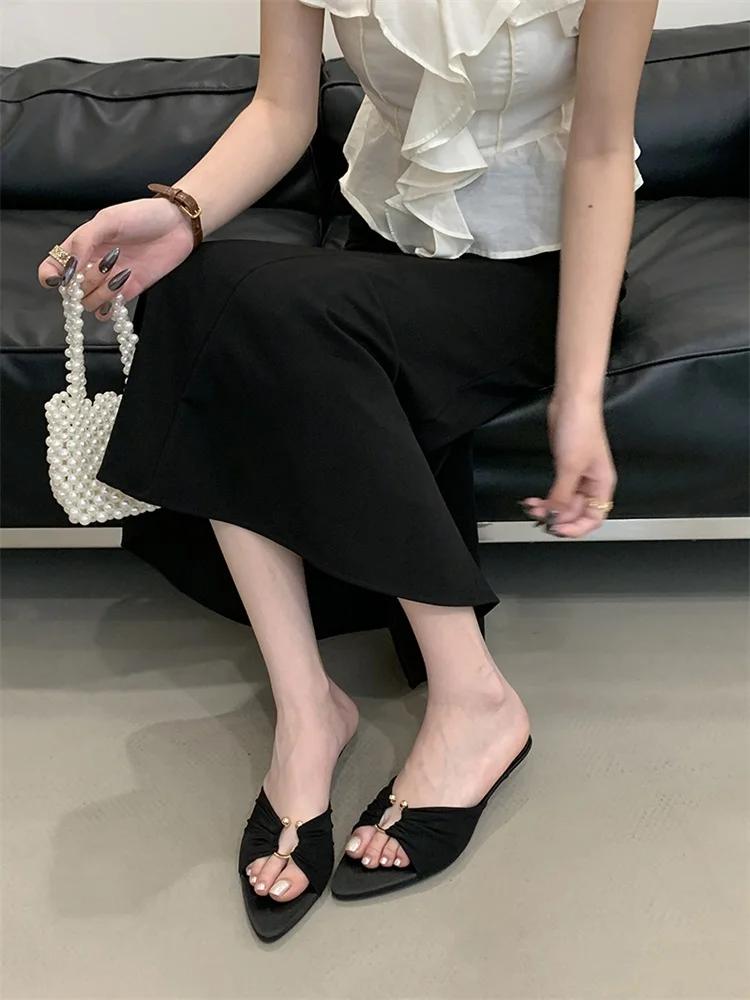 Мода Eilyken Модный дизайн Плиссированные Ажурные Тонкие Низкие Каблуки Женские Шлепанцы Летние С Острым Носком Вечернее Платье Женская Обувь