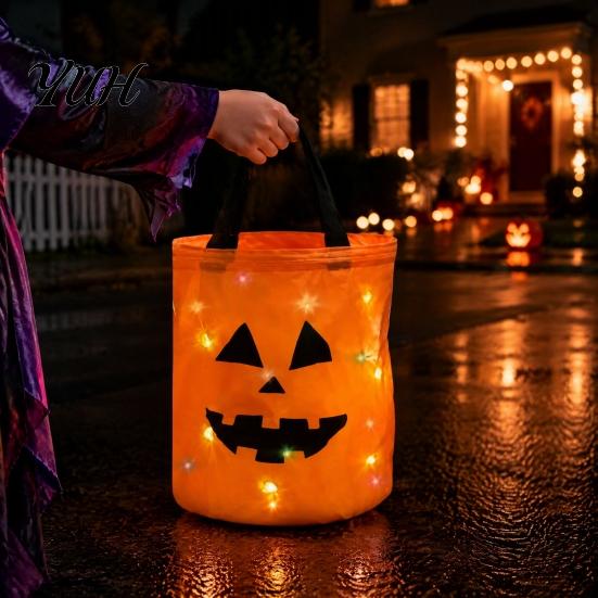 Illuminated Halloween Candy Basket Glowing Pumpkin Bag with LED Lights, Reusable Treat Spooky Tote Lights for Kids, Trick or Handbag Party Favors
